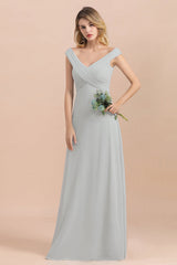 Modest Off-the-Shoulder Mist Chiffon Bridesmaid Dresses with Pleats-Babyonlines