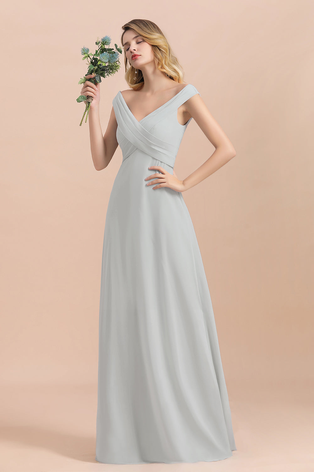 Modest Off-the-Shoulder Mist Chiffon Bridesmaid Dresses with Pleats-Babyonlines