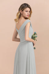 Modest Off-the-Shoulder Mist Chiffon Bridesmaid Dresses with Pleats-Babyonlines