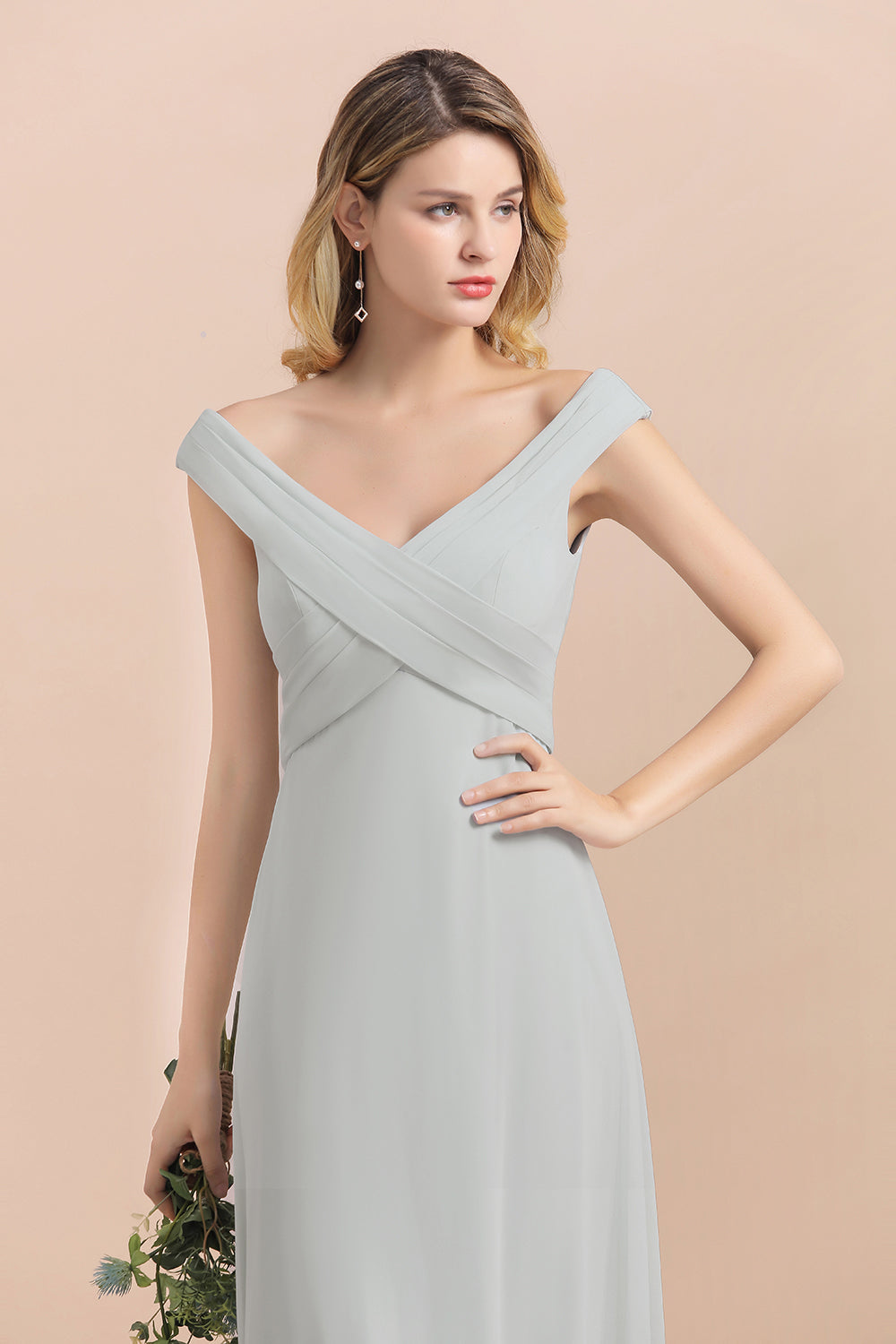 Modest Off-the-Shoulder Mist Chiffon Bridesmaid Dresses with Pleats-Babyonlines
