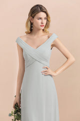 Modest Off-the-Shoulder Mist Chiffon Bridesmaid Dresses with Pleats-Babyonlines