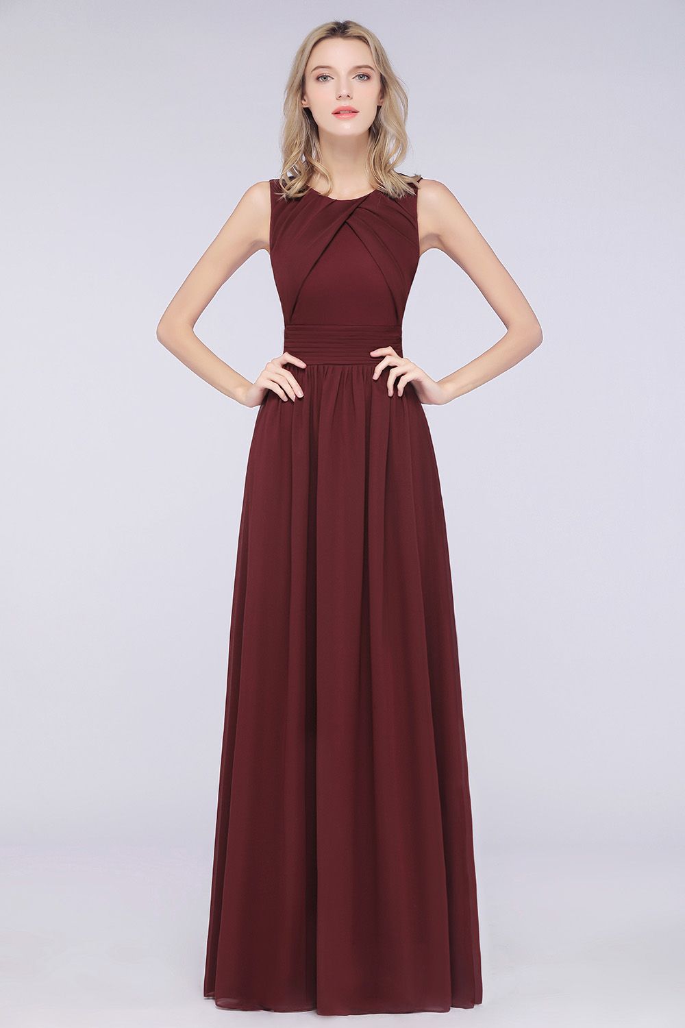 Modest Round-Neck Sleeveless Burgundy Bridesmaid Dresses with Ruffles-Babyonlines