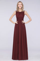 Modest Round-Neck Sleeveless Burgundy Bridesmaid Dresses with Ruffles-Babyonlines