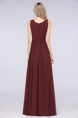 Modest Round-Neck Sleeveless Burgundy Bridesmaid Dresses with Ruffles-Babyonlines