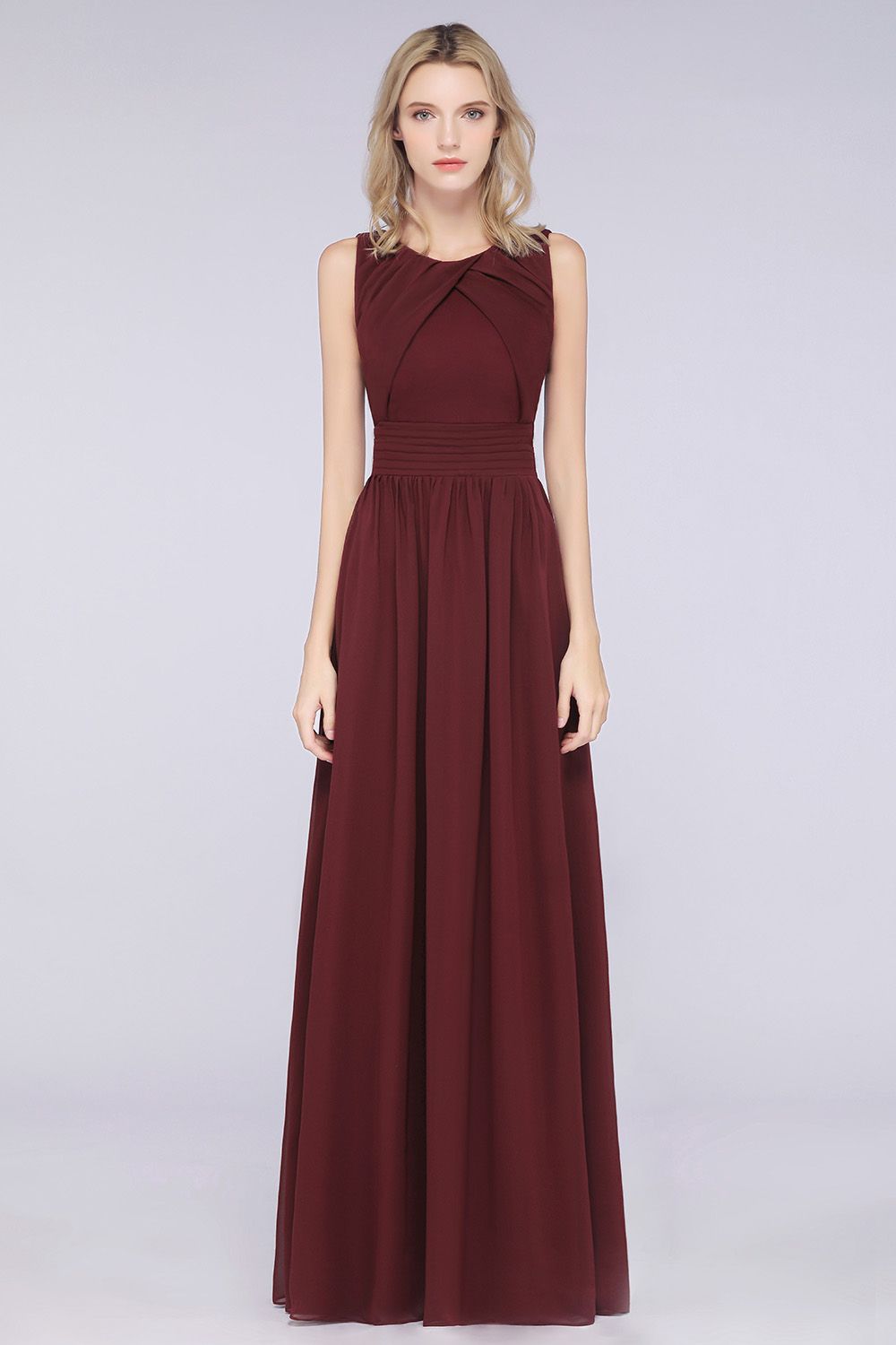 Modest Round-Neck Sleeveless Burgundy Bridesmaid Dresses with Ruffles-Babyonlines