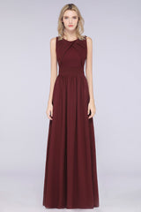 Modest Round-Neck Sleeveless Burgundy Bridesmaid Dresses with Ruffles-Babyonlines