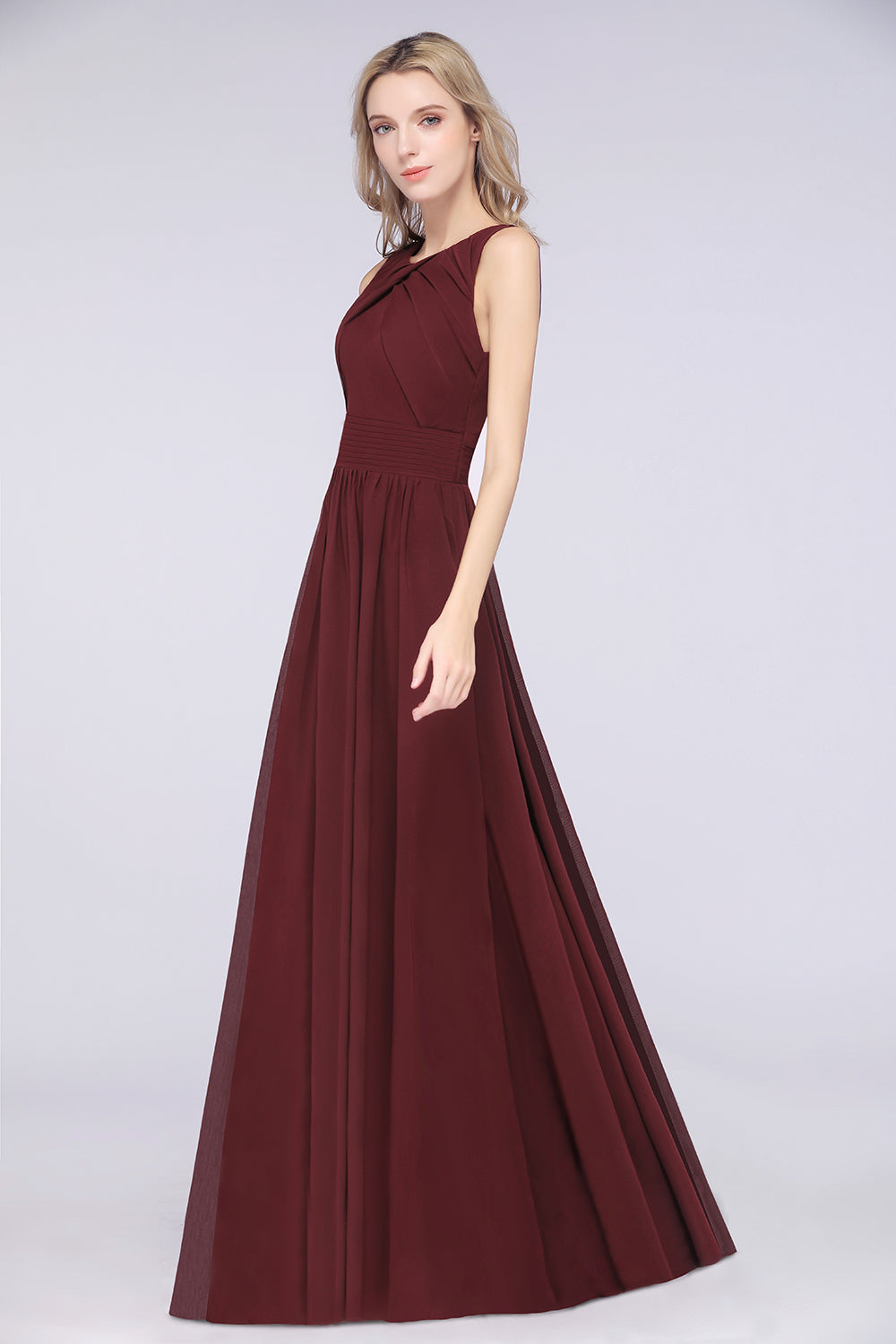 Modest Round-Neck Sleeveless Burgundy Bridesmaid Dresses with Ruffles-Babyonlines