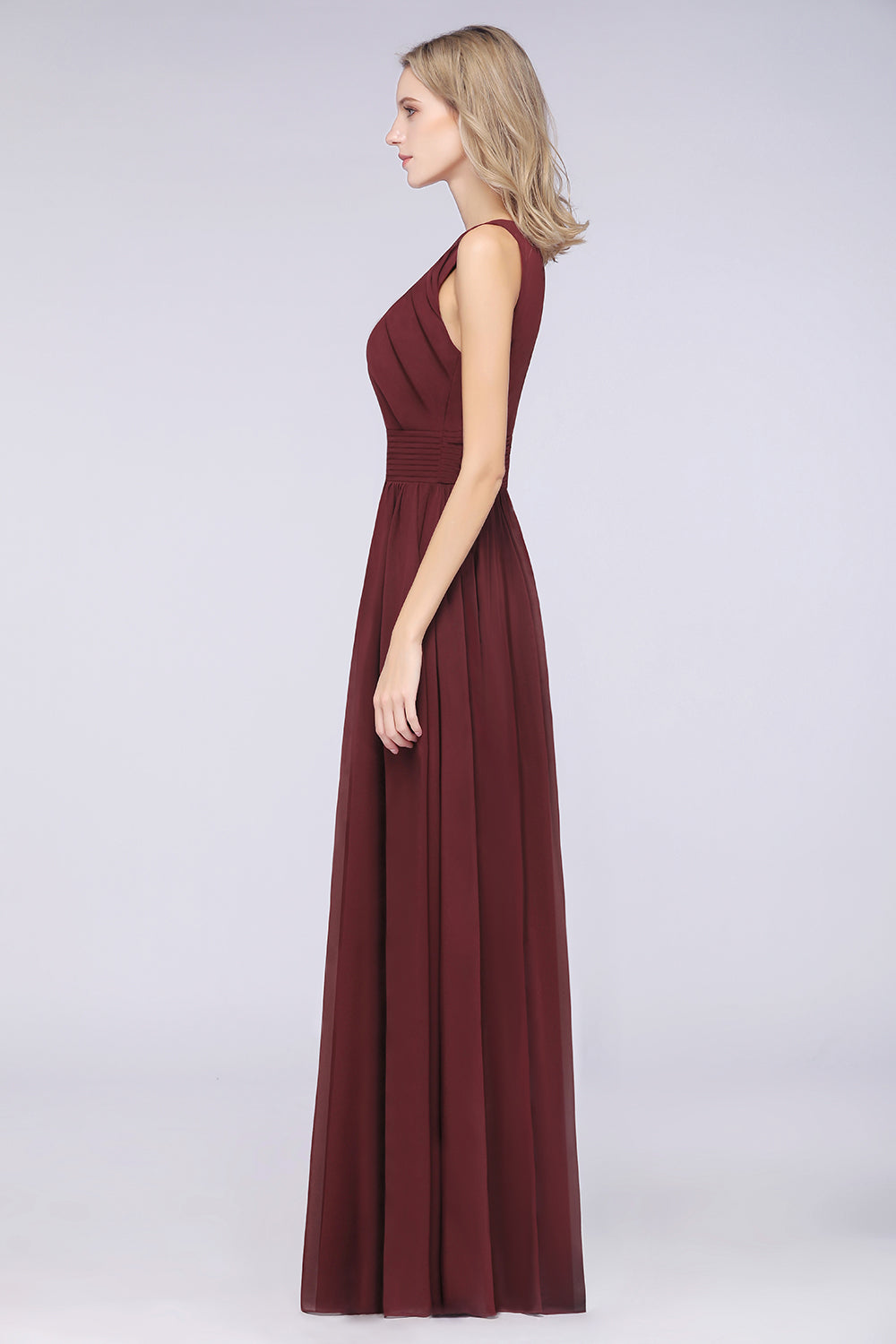 Modest Round-Neck Sleeveless Burgundy Bridesmaid Dresses with Ruffles-Babyonlines
