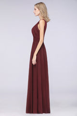 Modest Round-Neck Sleeveless Burgundy Bridesmaid Dresses with Ruffles-Babyonlines