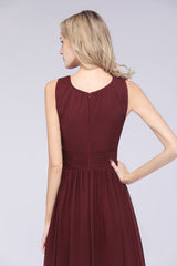 Modest Round-Neck Sleeveless Burgundy Bridesmaid Dresses with Ruffles-Babyonlines