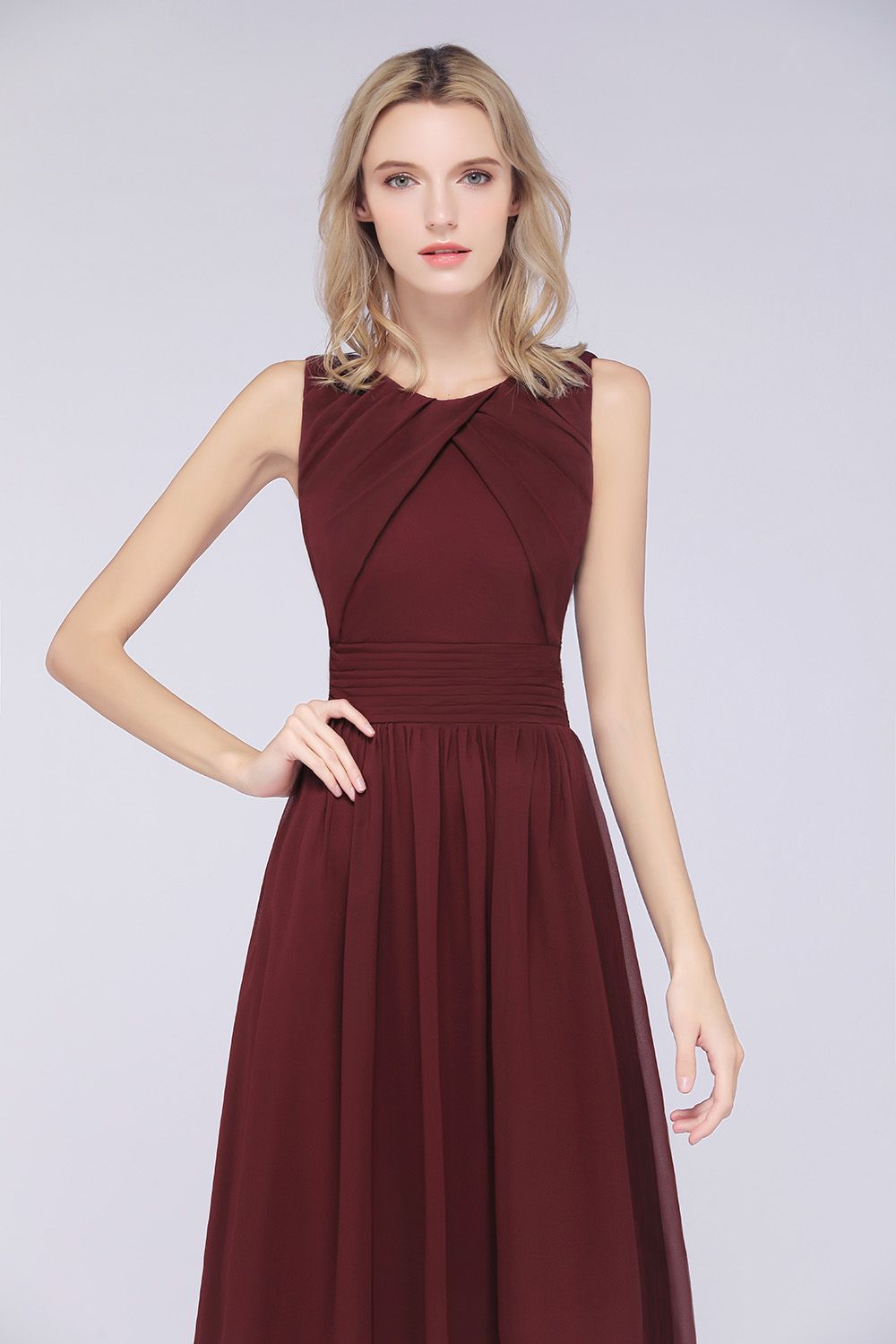 Modest Round-Neck Sleeveless Burgundy Bridesmaid Dresses with Ruffles-Babyonlines