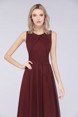 Modest Round-Neck Sleeveless Burgundy Bridesmaid Dresses with Ruffles-Babyonlines