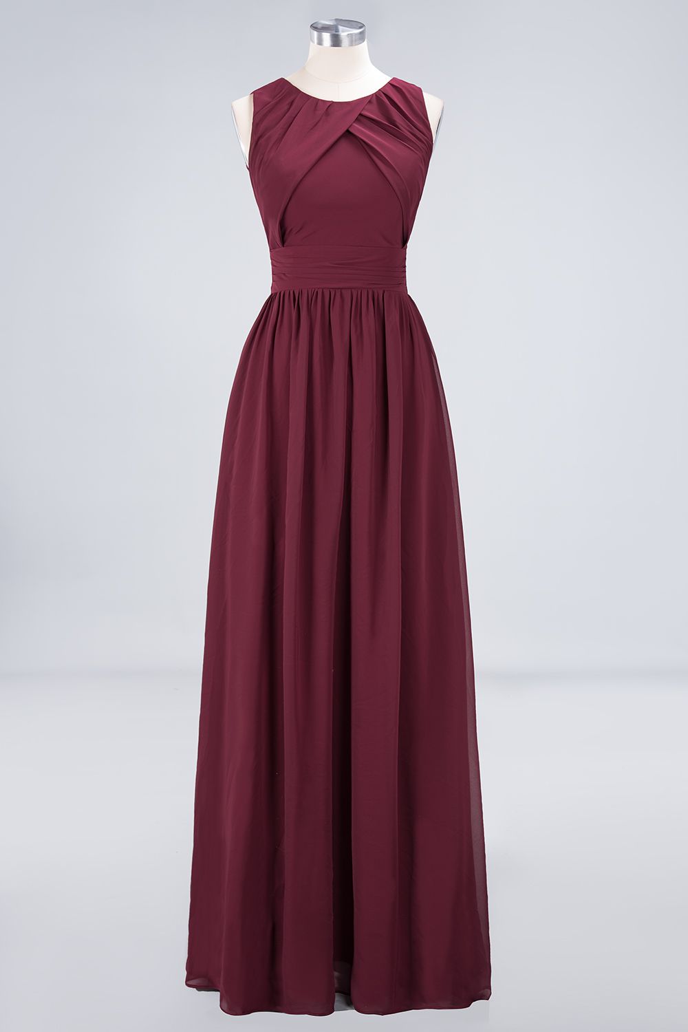 Modest Round-Neck Sleeveless Burgundy Bridesmaid Dresses with Ruffles-Babyonlines