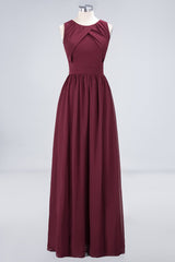 Modest Round-Neck Sleeveless Burgundy Bridesmaid Dresses with Ruffles-Babyonlines