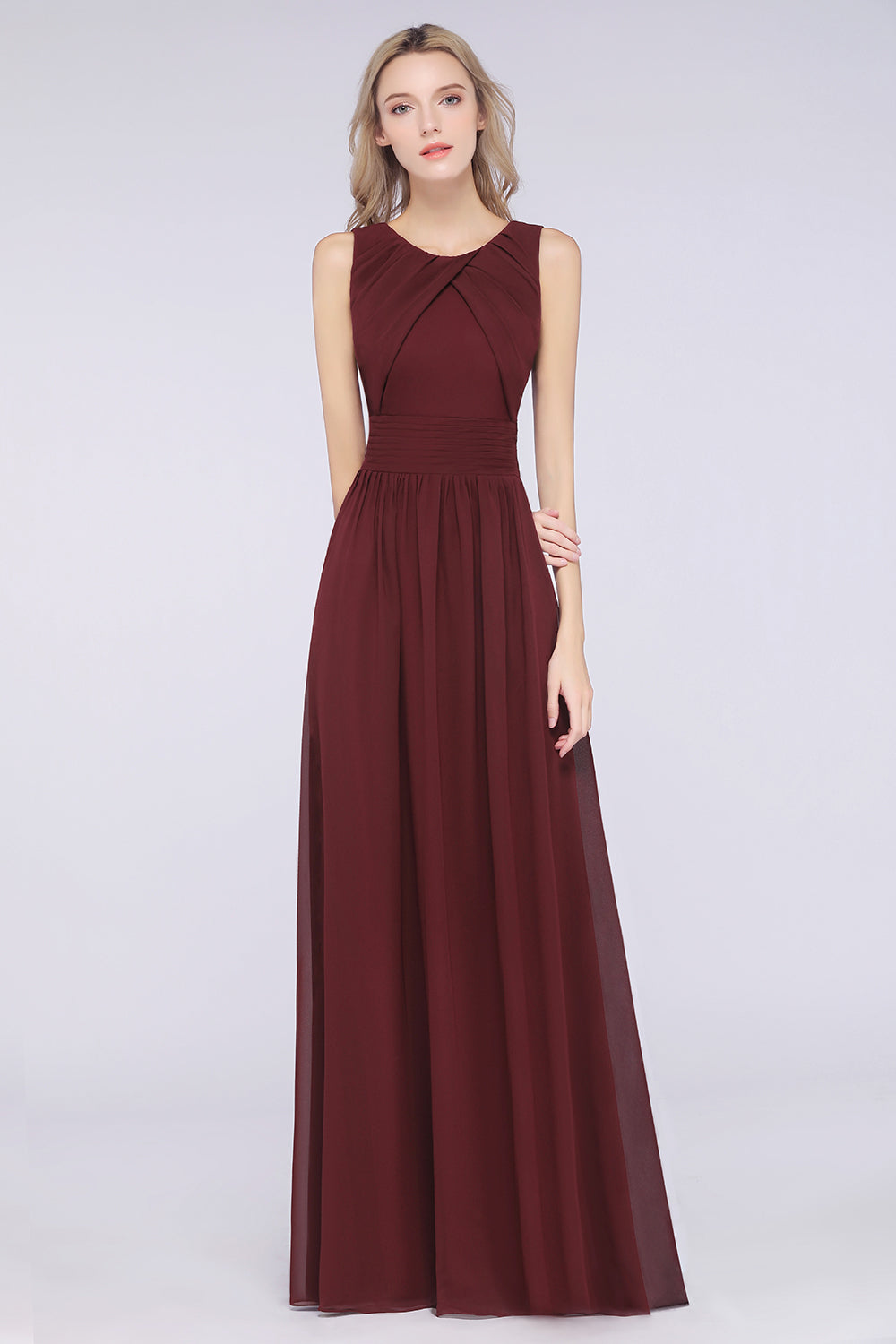 Modest Round-Neck Sleeveless Burgundy Bridesmaid Dresses with Ruffles-Babyonlines