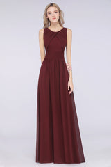 Modest Round-Neck Sleeveless Burgundy Bridesmaid Dresses with Ruffles-Babyonlines
