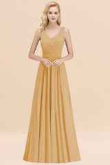 Modest Sleeveless V-Neck Long Chiffon Bridesmaid Dress Online with Ruffle-Babyonlines