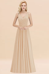 Modest Sleeveless V-Neck Long Chiffon Bridesmaid Dress Online with Ruffle-Babyonlines