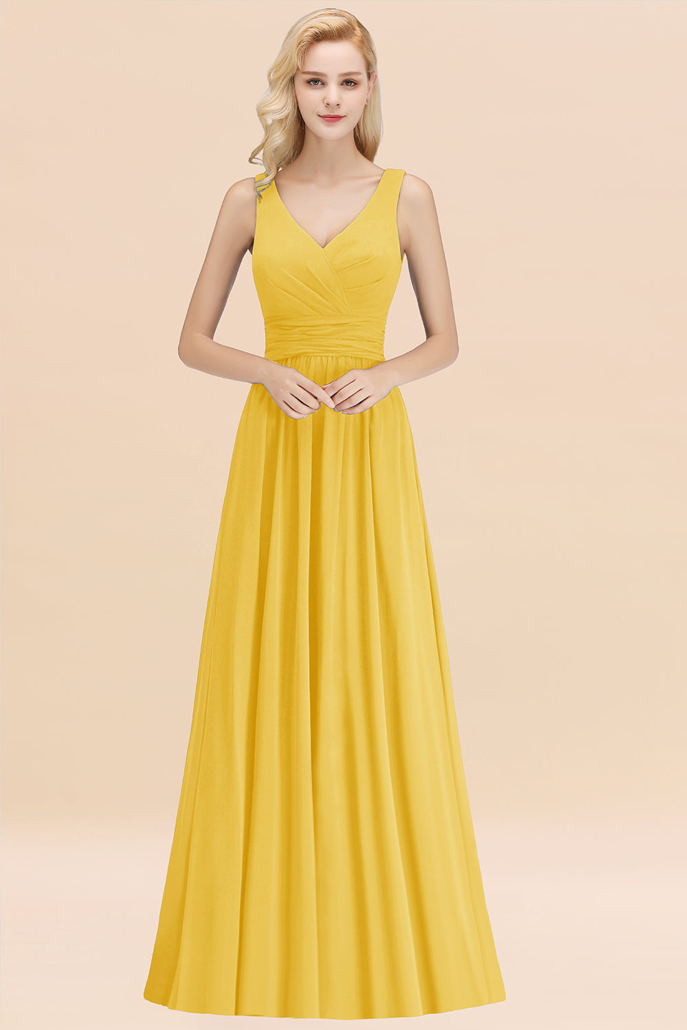 Modest Sleeveless V-Neck Long Chiffon Bridesmaid Dress Online with Ruffle-Babyonlines