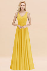 Modest Sleeveless V-Neck Long Chiffon Bridesmaid Dress Online with Ruffle-Babyonlines