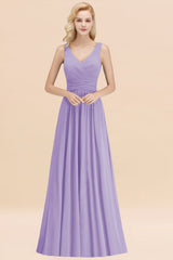 Modest Sleeveless V-Neck Long Chiffon Bridesmaid Dress Online with Ruffle-Babyonlines