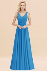Modest Sleeveless V-Neck Long Chiffon Bridesmaid Dress Online with Ruffle-Babyonlines