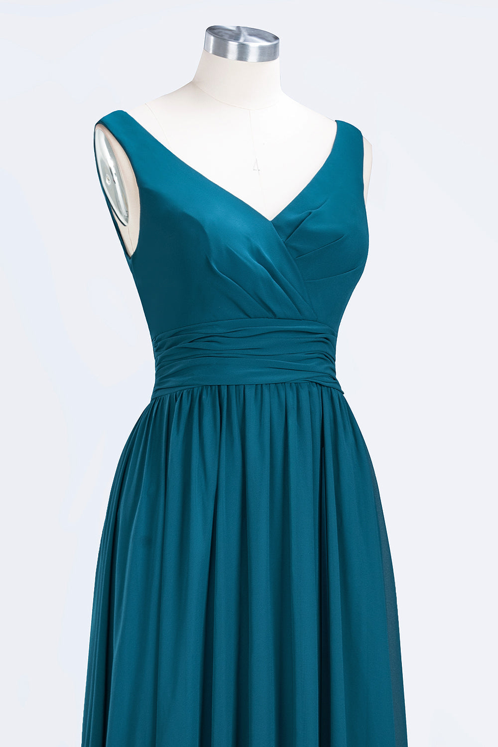 Modest Sleeveless V-Neck Long Chiffon Bridesmaid Dress Online with Ruffle-Babyonlines