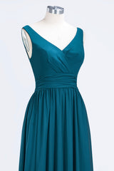 Modest Sleeveless V-Neck Long Chiffon Bridesmaid Dress Online with Ruffle-Babyonlines