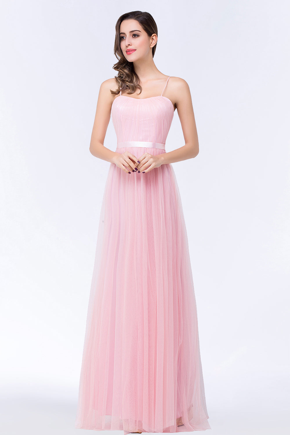 Modest Spaghetti-Straps Sweetheart Long Bridesmaid Dress with Sash-Babyonlines
