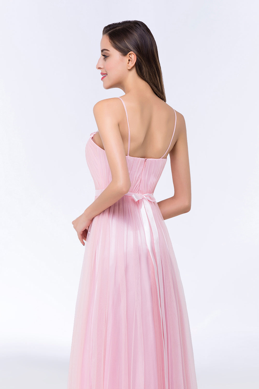 Modest Spaghetti-Straps Sweetheart Long Bridesmaid Dress with Sash-Babyonlines