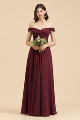 New Arrival A-line Off-the-shoulder Sweetheart Burgundy Long Bridesmaid Dress-Babyonlines
