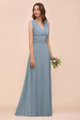 New Arrival Dusty Blue Ruched Long Convertible Bridesmaid Dresses-Babyonlines
