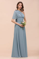 New Arrival Dusty Blue Ruched Long Convertible Bridesmaid Dresses-Babyonlines
