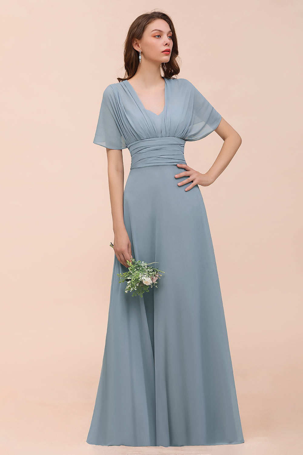 New Arrival Dusty Blue Ruched Long Convertible Bridesmaid Dresses-Babyonlines
