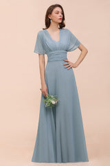 New Arrival Dusty Blue Ruched Long Convertible Bridesmaid Dresses-Babyonlines
