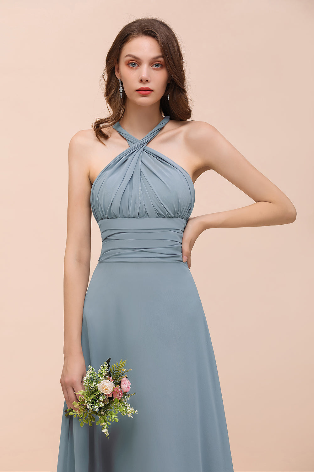 New Arrival Dusty Blue Ruched Long Convertible Bridesmaid Dresses-Babyonlines