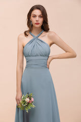 New Arrival Dusty Blue Ruched Long Convertible Bridesmaid Dresses-Babyonlines