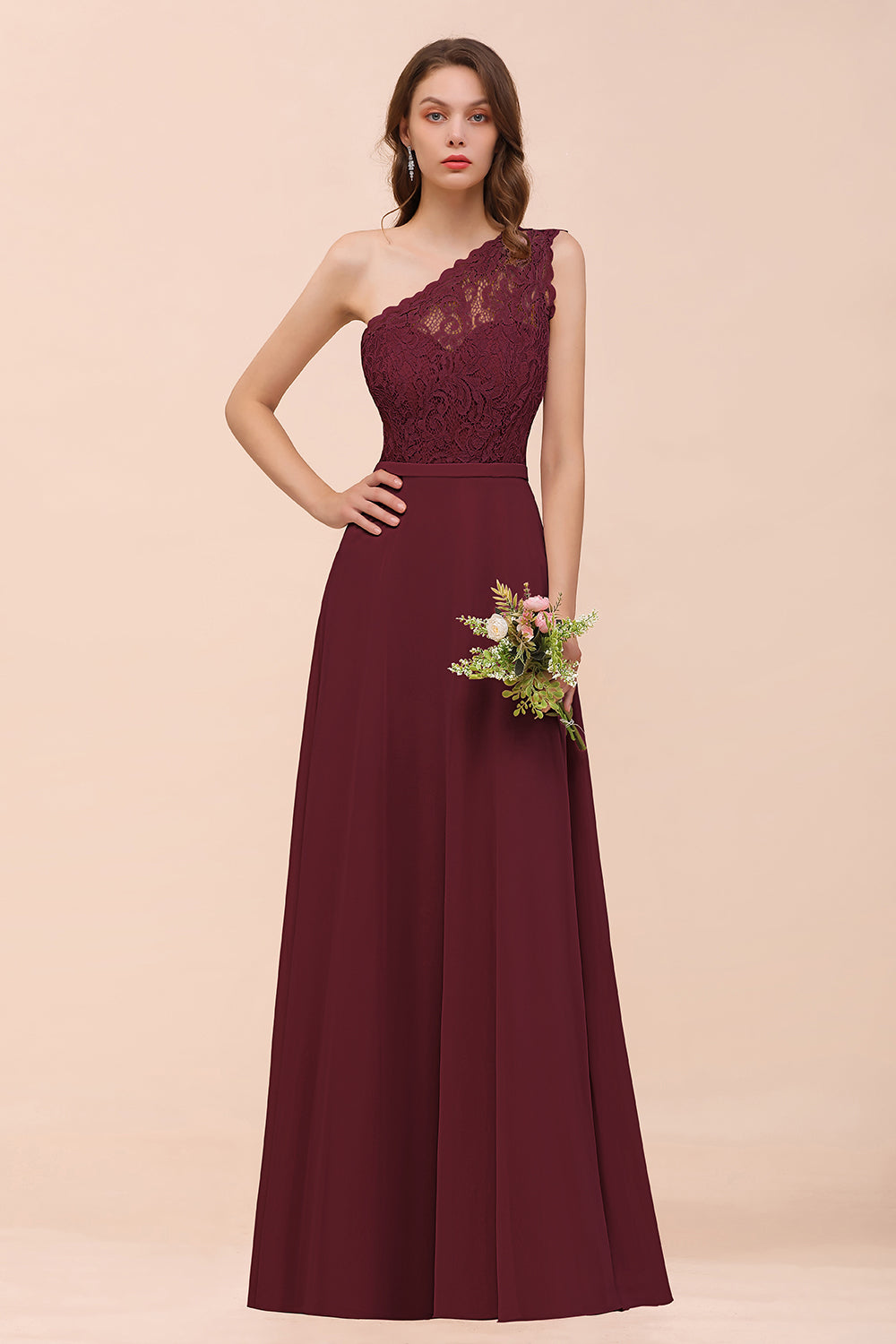 New Arrival Dusty Rose One Shoulder Lace Long Bridesmaid Dress-Babyonlines