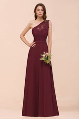 New Arrival Dusty Rose One Shoulder Lace Long Bridesmaid Dress-Babyonlines