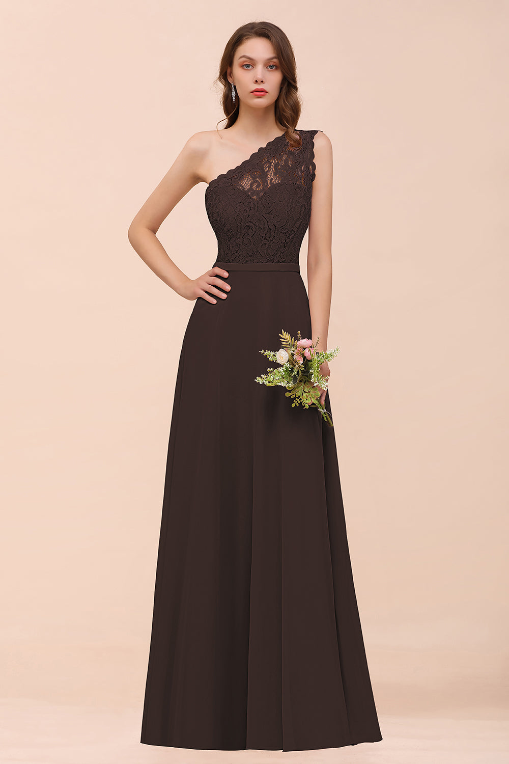 New Arrival Dusty Rose One Shoulder Lace Long Bridesmaid Dress-Babyonlines