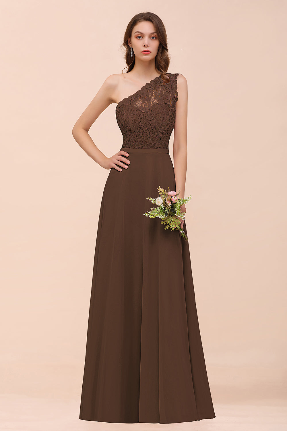 New Arrival Dusty Rose One Shoulder Lace Long Bridesmaid Dress-Babyonlines