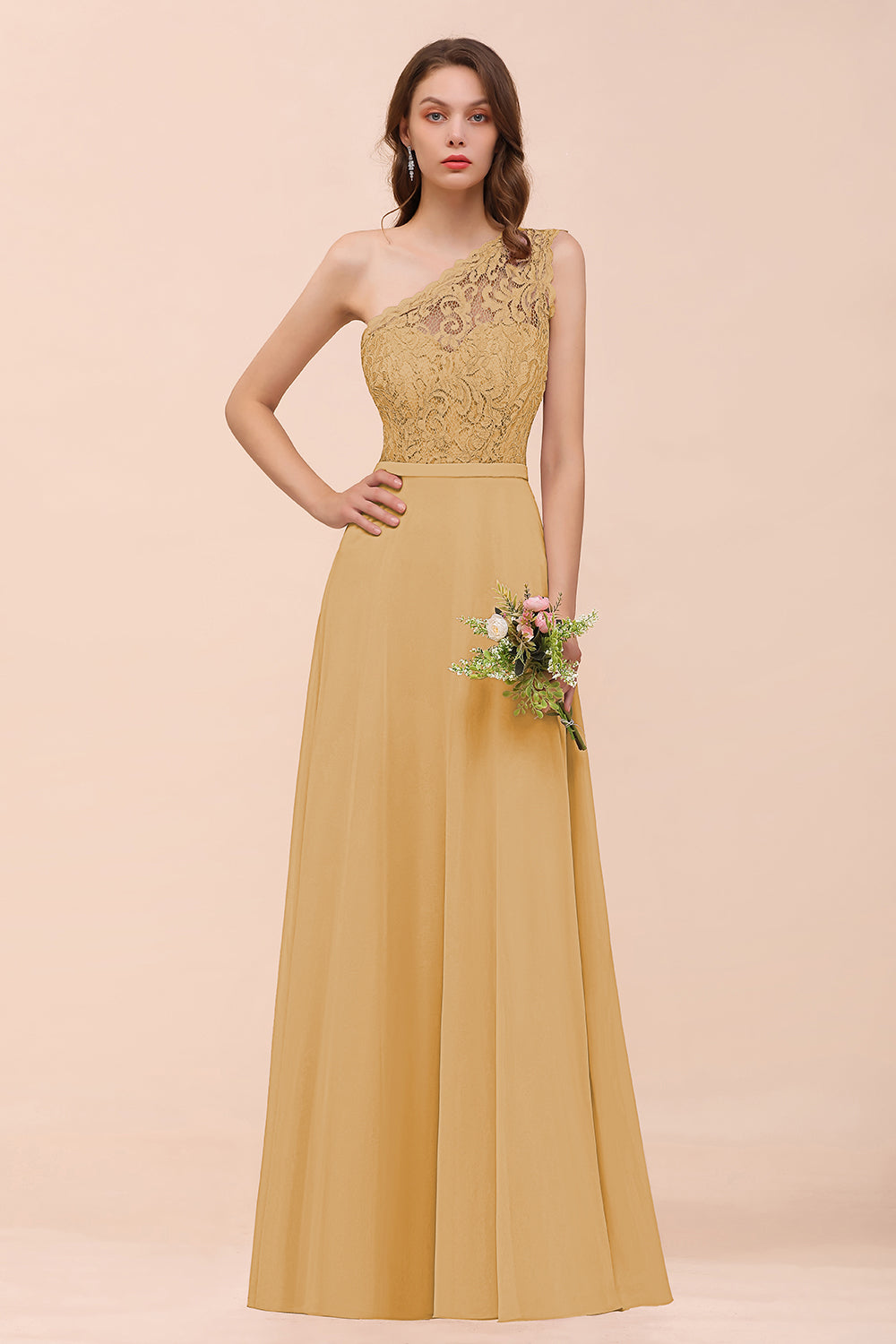 New Arrival Dusty Rose One Shoulder Lace Long Bridesmaid Dress-Babyonlines