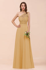 New Arrival Dusty Rose One Shoulder Lace Long Bridesmaid Dress-Babyonlines