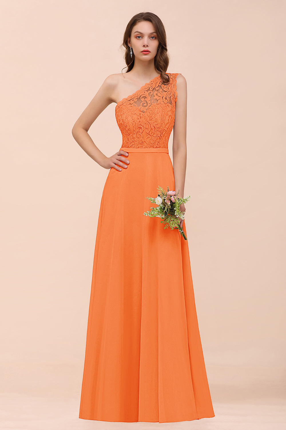 New Arrival Dusty Rose One Shoulder Lace Long Bridesmaid Dress-Babyonlines