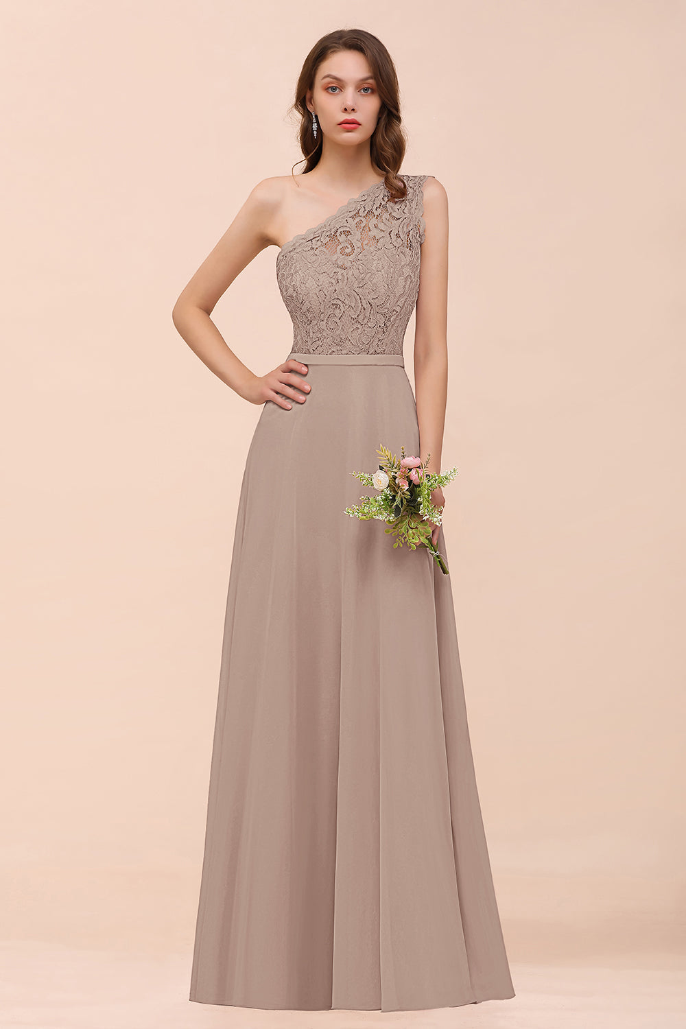 New Arrival Dusty Rose One Shoulder Lace Long Bridesmaid Dress-Babyonlines