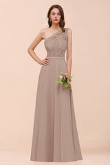 New Arrival Dusty Rose One Shoulder Lace Long Bridesmaid Dress-Babyonlines