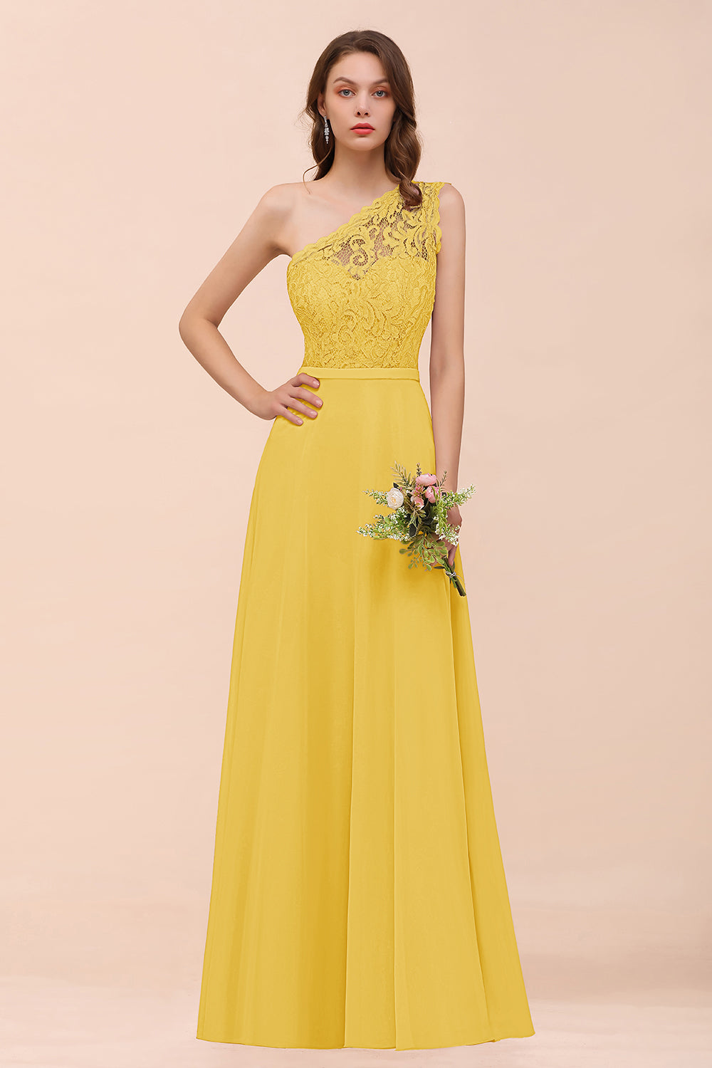 New Arrival Dusty Rose One Shoulder Lace Long Bridesmaid Dress-Babyonlines