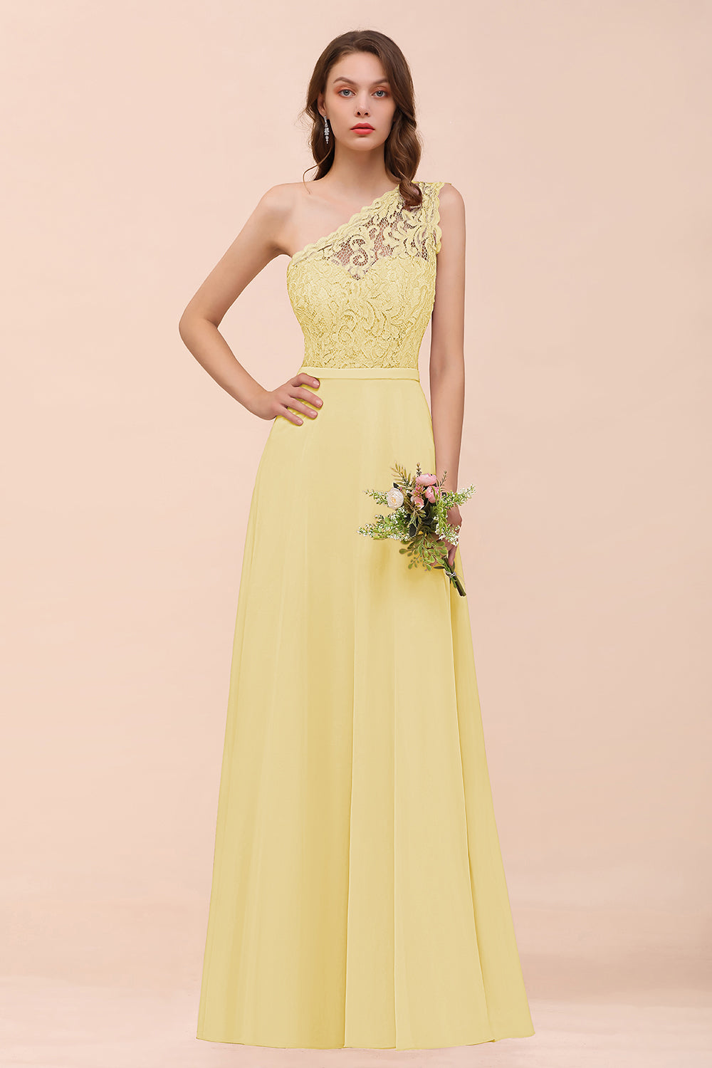 New Arrival Dusty Rose One Shoulder Lace Long Bridesmaid Dress-Babyonlines