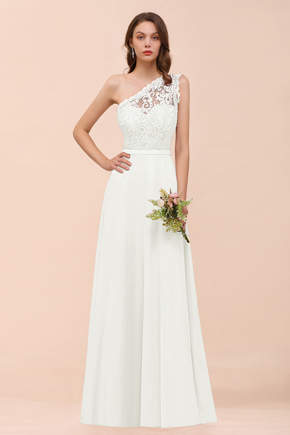 New Arrival Dusty Rose One Shoulder Lace Long Bridesmaid Dress-Babyonlines