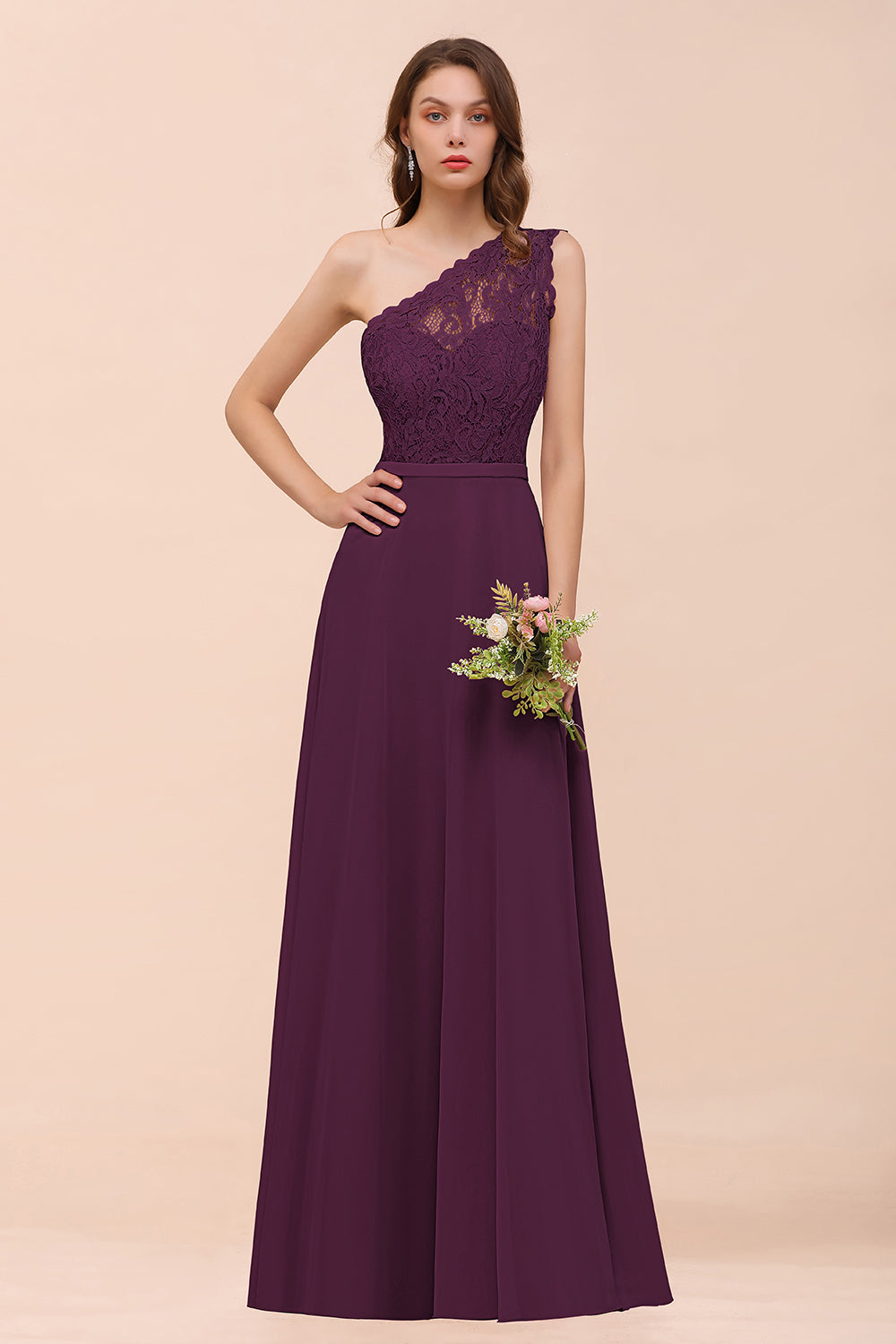 New Arrival Dusty Rose One Shoulder Lace Long Bridesmaid Dress-Babyonlines